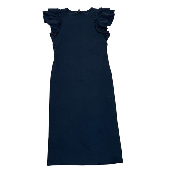 Express Black‎ Bodycon Ruffle flutter sleeve Tank Stretch Ribbed midi Dress Sz L - Picture 1 of 5